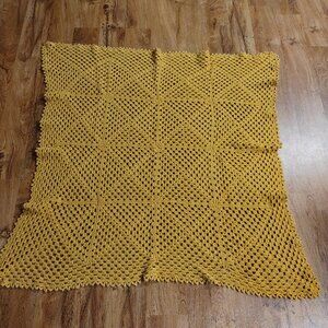 Crochet Small Afghan Throw Blanket Mustard 51 x 52 Granny Cottage Core Handmade